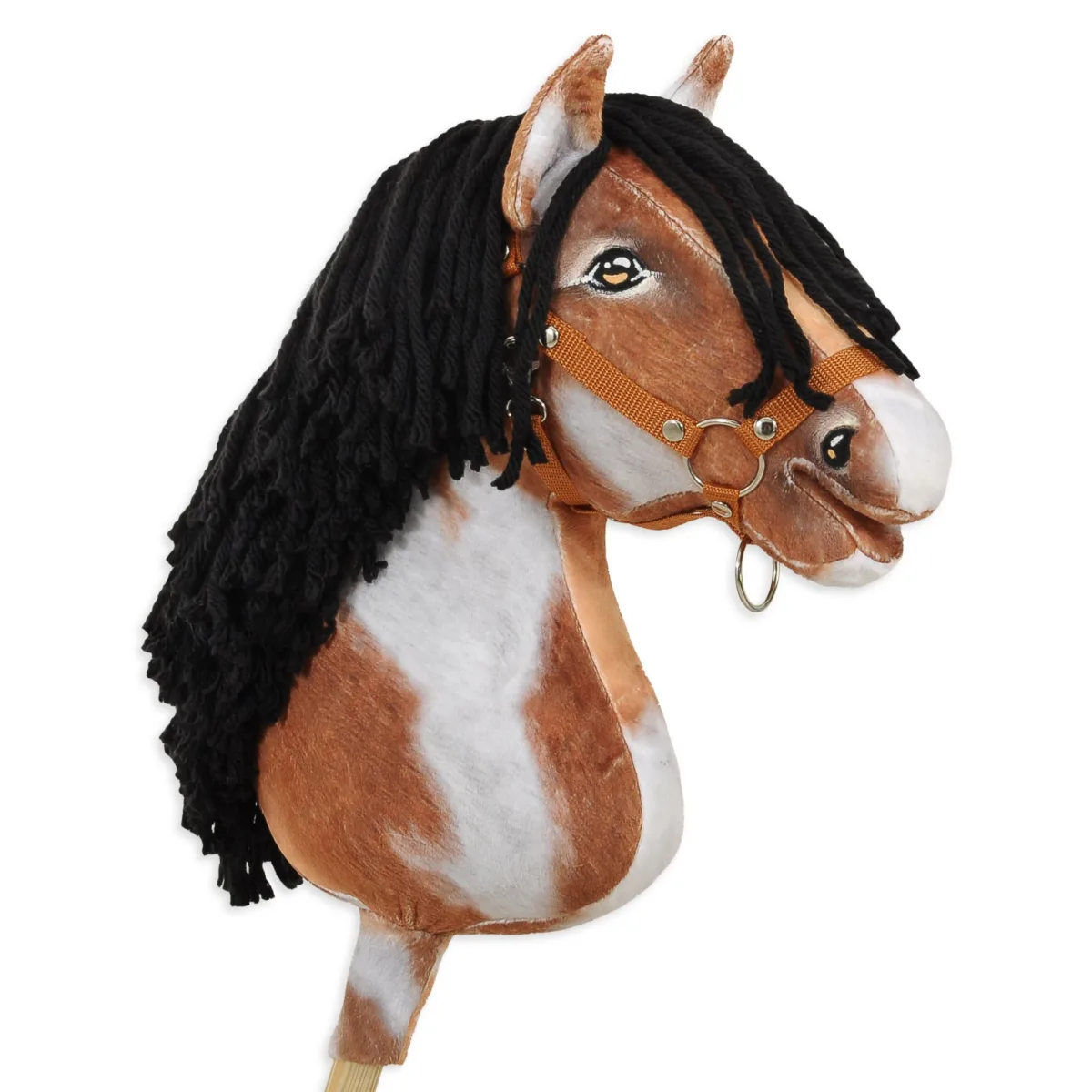 Žirgas ant lazdos „Super Hobby Horse Premium“, margas tobiano bėras žirgas su juodais karčiais A3