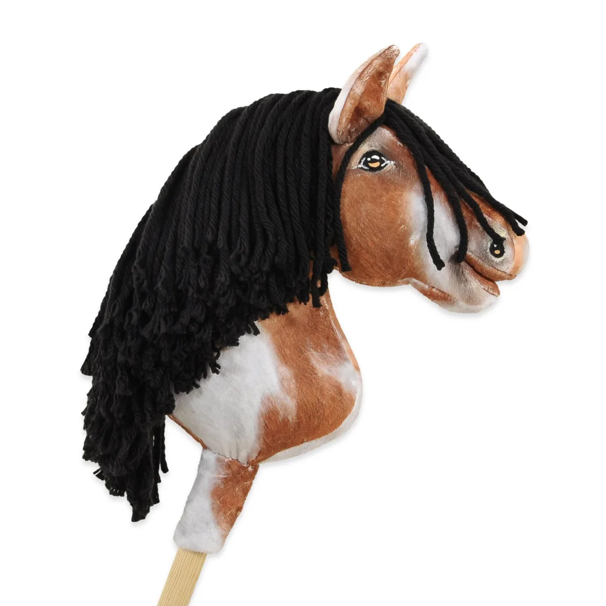 Žirgas ant lazdos „Super Hobby Horse Premium“, margas tobiano bėras žirgas su juodais karčiais A4