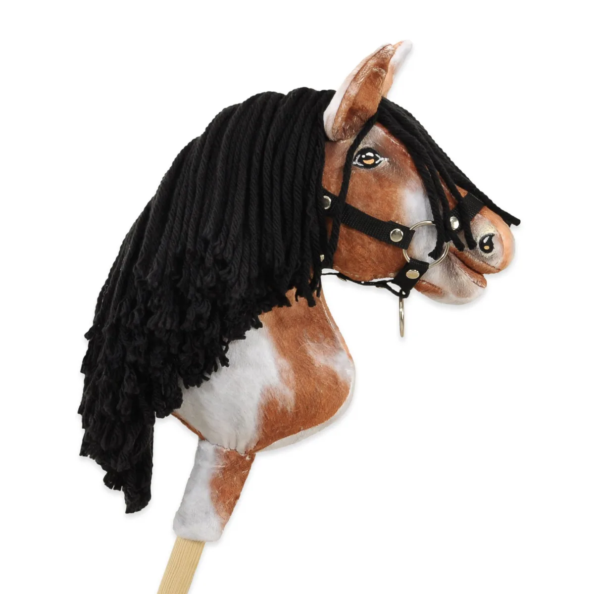 Žirgas ant lazdos „Super Hobby Horse Premium“, margas tobiano bėras žirgas su juodais karčiais A4