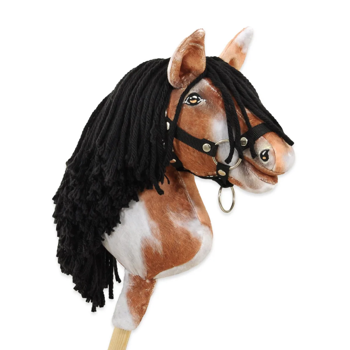 Žirgas ant lazdos „Super Hobby Horse Premium“, margas tobiano bėras žirgas su juodais karčiais A4