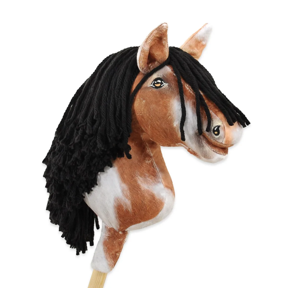 Žirgas ant lazdos „Super Hobby Horse Premium“, margas tobiano bėras žirgas su juodais karčiais A4