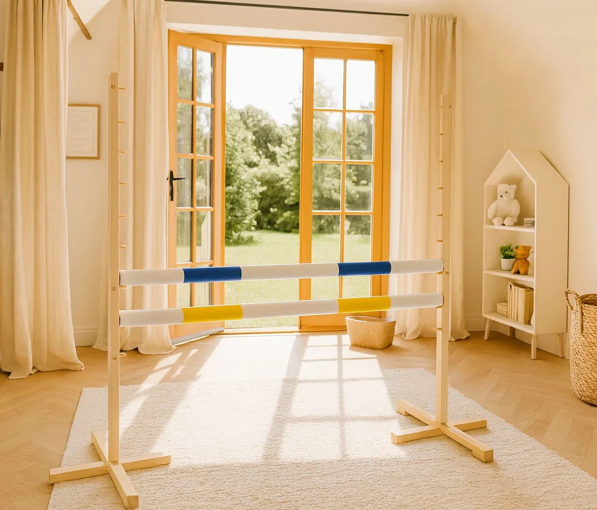 Kliūtis šuoliams „Hobby Horse“ žirgui, 120 cm, su dviem kartelėmis, spalvos: mėlyna ir rožinė