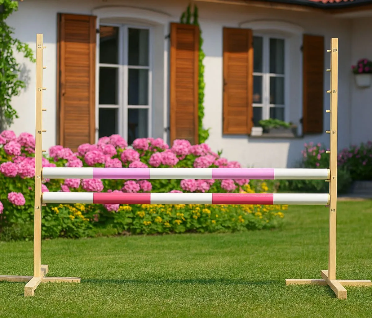 Kliūtis šuoliams „Hobby Horse“ žirgui, 120 cm, su dviem kartelėmis, spalvos: mėlyna ir rožinė