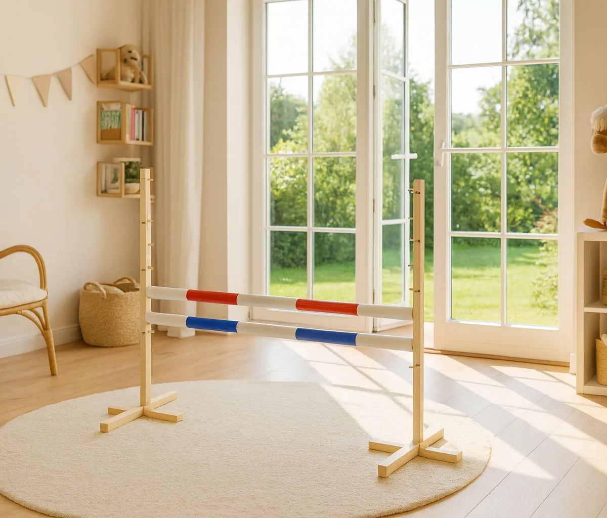 Kliūtis šuoliams „Hobby Horse“ žirgui, 120 cm, su dviem kartelėmis, raudona ir mėlyna