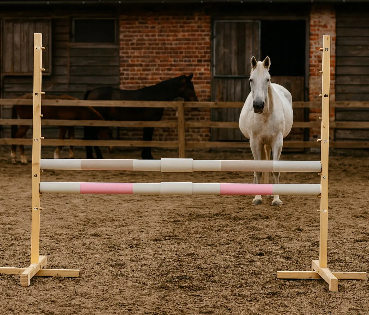 Kliūtis šuoliams „Hobby Horse“ žirgui, 160 cm, aukštis 120 cm, su dviem kartelėmis, spalvos: mėlyna ir rožinė