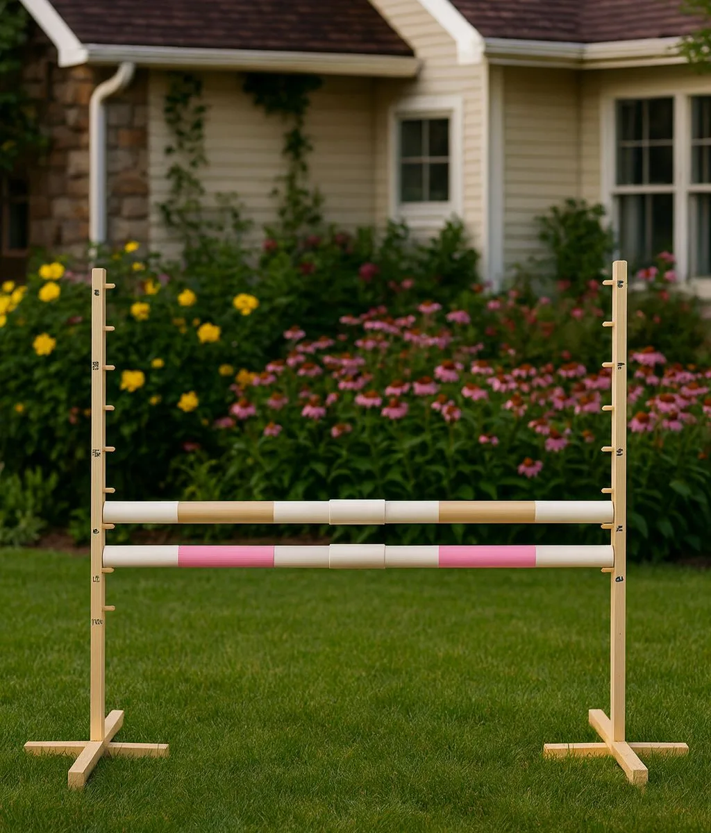 Kliūtis šuoliams „Hobby Horse“ žirgui, 160 cm, aukštis 120 cm, su dviem kartelėmis, spalvos: mėlyna ir rožinė