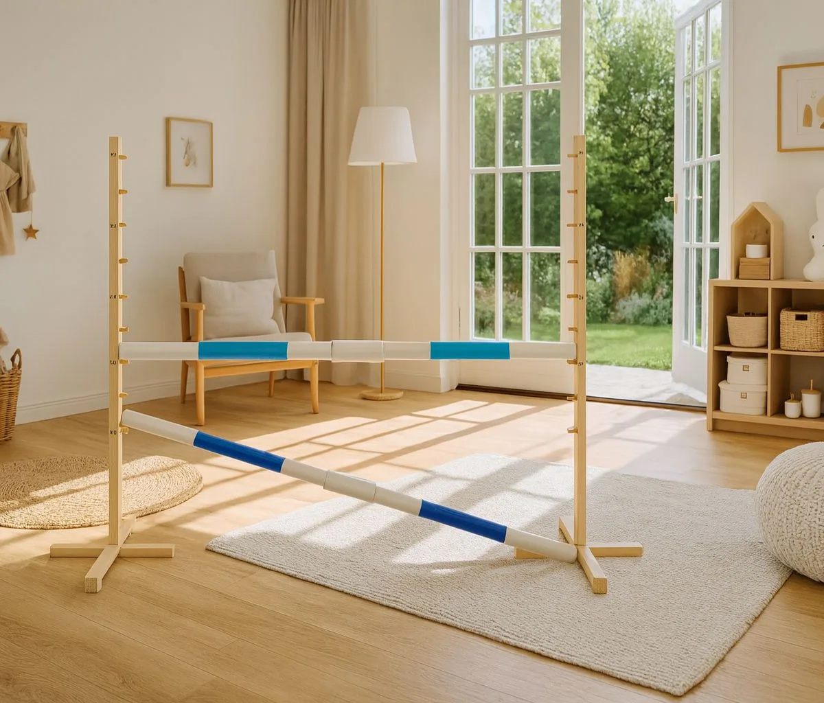 Kliūtis šuoliams „Hobby Horse“ žirgui, 160 cm, aukštis 120 cm, su dviem kartelėmis, spalvos: mėlyna ir rožinė