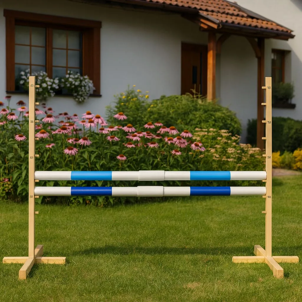 Kliūtis šuoliams „Hobby Horse“ žirgui, 160 cm, aukštis 120 cm, su dviem kartelėmis, spalvos: mėlyna ir rožinė