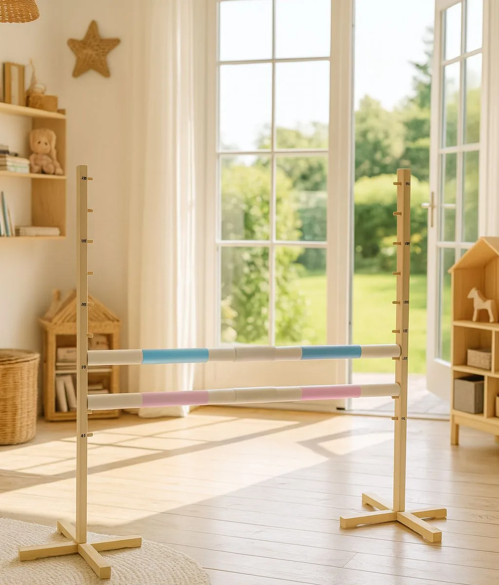 Kliūtis šuoliams „Hobby Horse“ žirgui, 160 cm, aukštis 120 cm, su dviem kartelėmis, spalvos: mėlyna ir rožinė