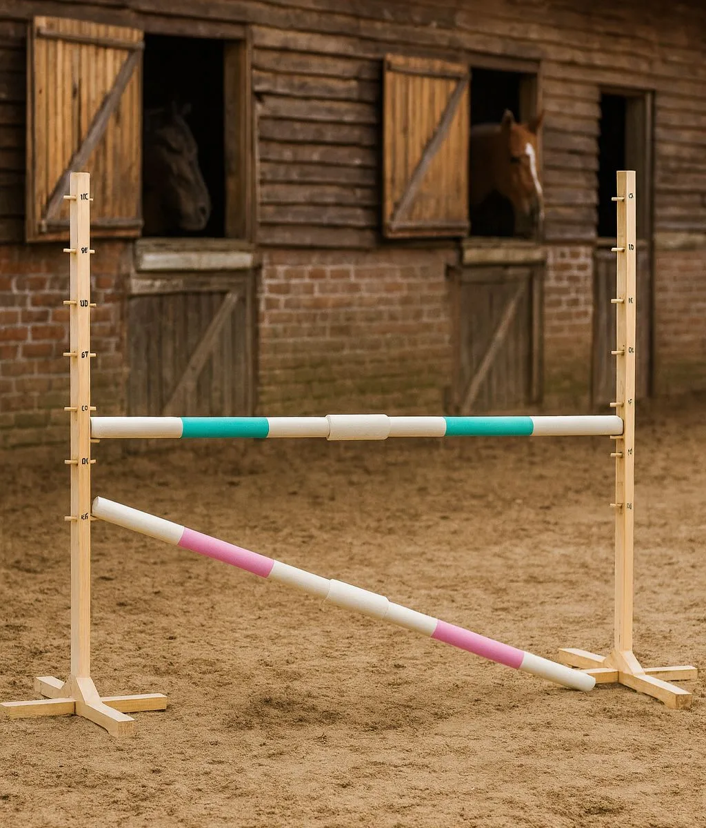Kliūtis šuoliams „Hobby Horse“ žirgui, 160 cm, aukštis 120 cm, su dviem kartelėmis, spalvos: mėlyna ir rožinė