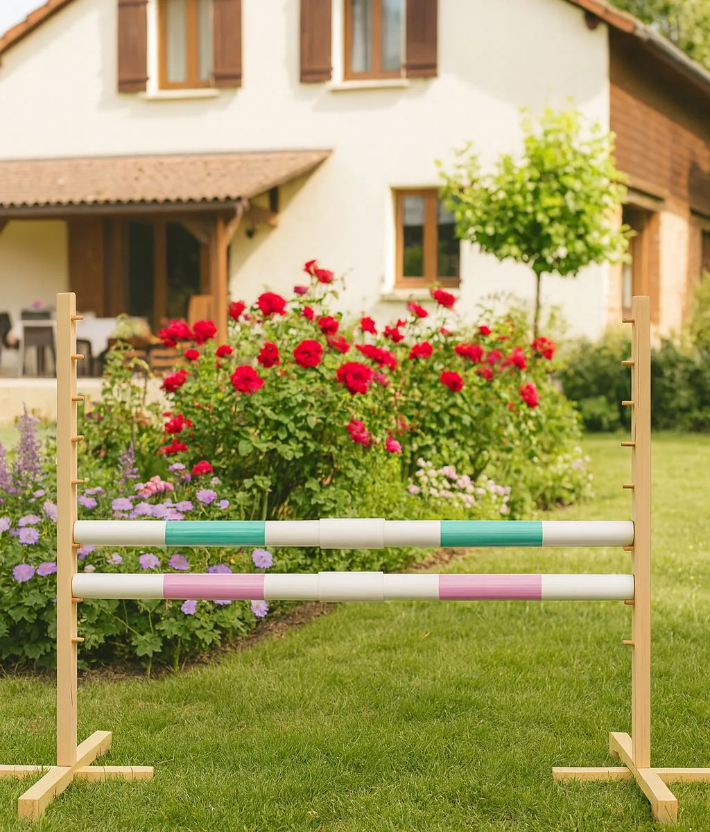 Kliūtis šuoliams „Hobby Horse“ žirgui, 160 cm, aukštis 120 cm, su dviem kartelėmis, spalvos: mėlyna ir rožinė