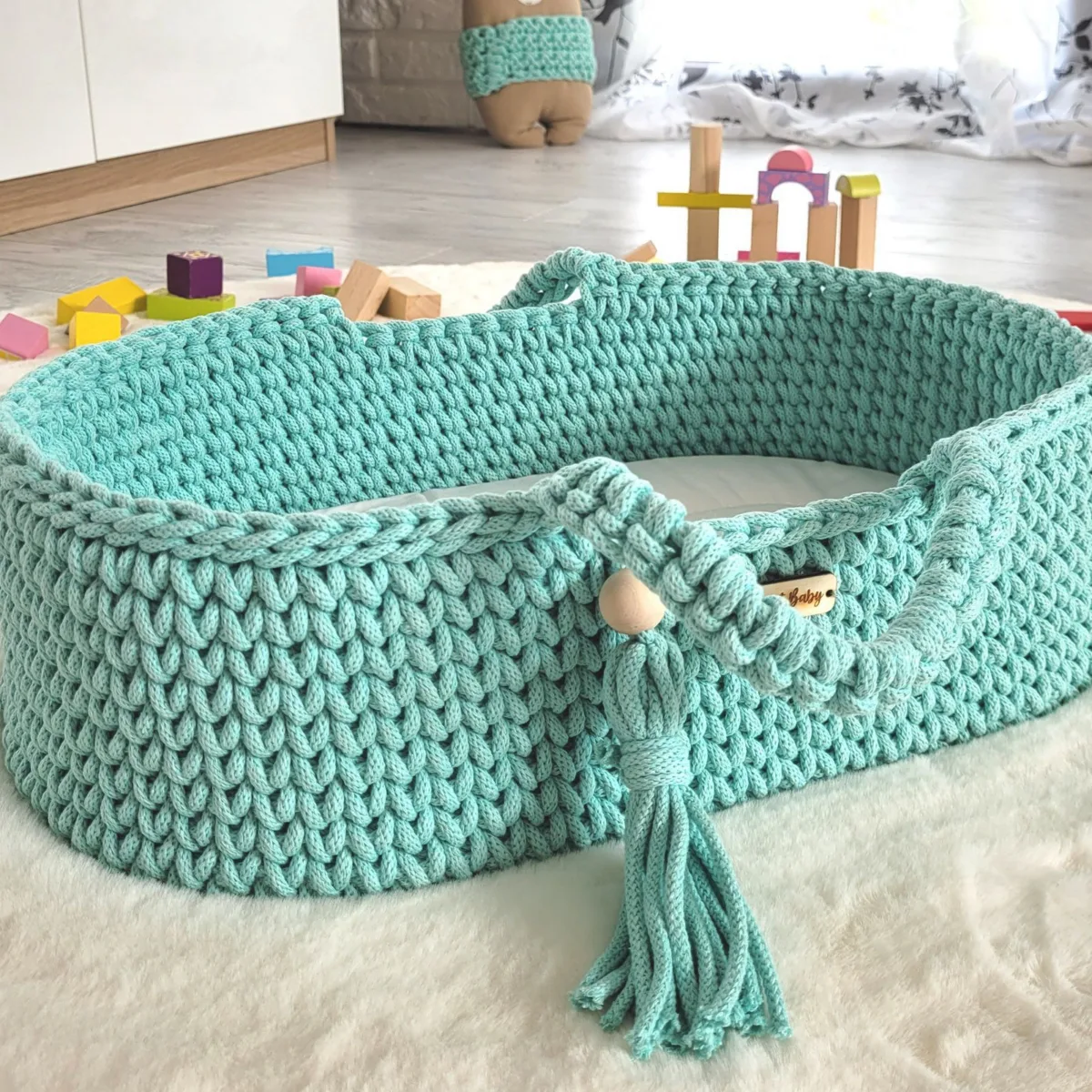 Medvilninis Mozės krepšelis lėlėms „BOHO“, spalvos: rožinė, smėlio ir kitos