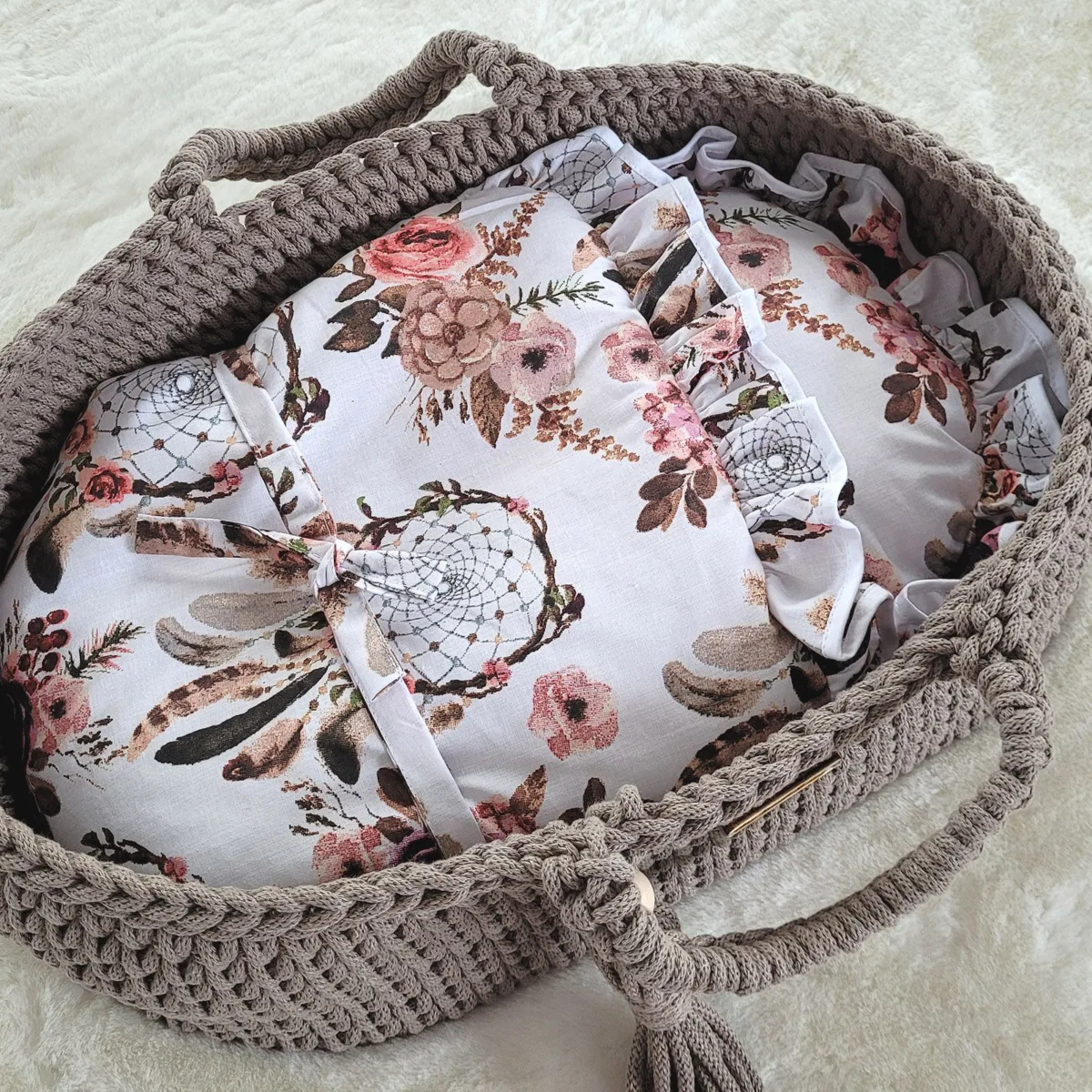 Medvilninis Mozės krepšelis lėlėms „BOHO“, spalvos: geltona, oranžinė ir kitos