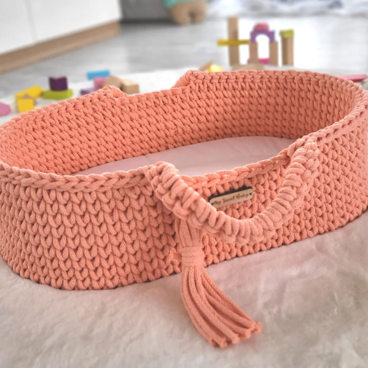 Medvilninis Mozės krepšelis lėlėms „BOHO“, spalvos: geltona, oranžinė ir kitos