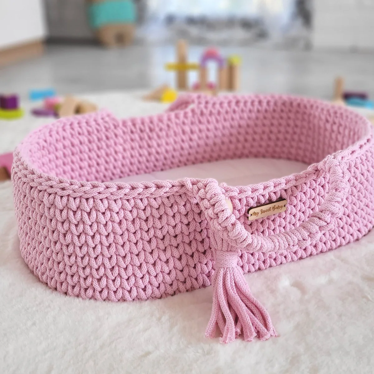 Medvilninis Mozės krepšelis lėlėms „BOHO“, spalvos: rožinė, smėlio ir kitos