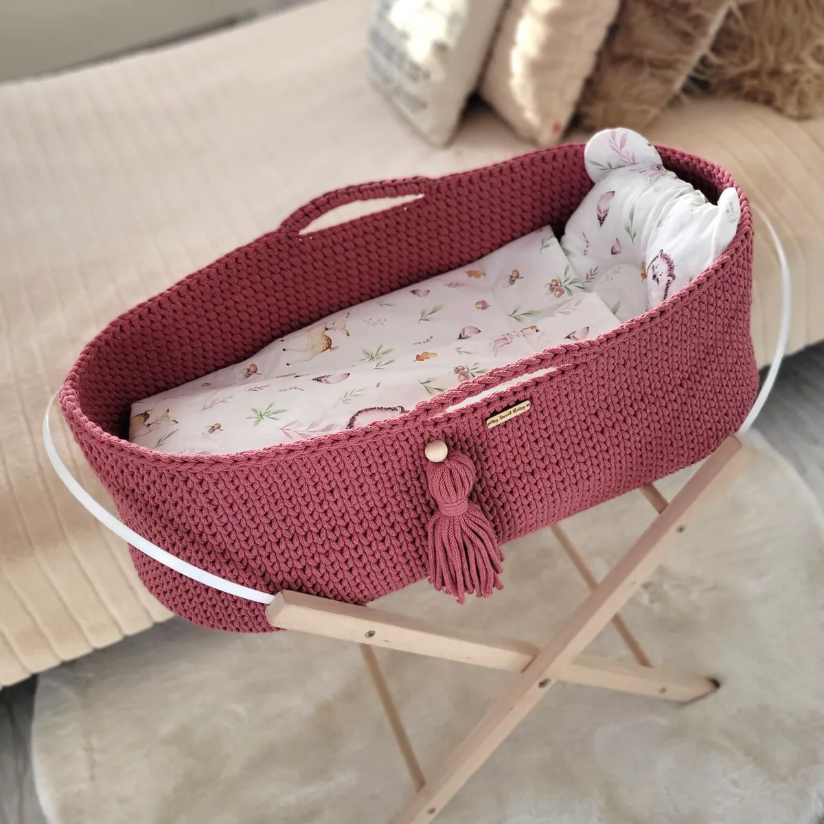 Mozės krepšelis „BOHO“, rankų darbo, medvilninis, su čiužiniu, žiedai