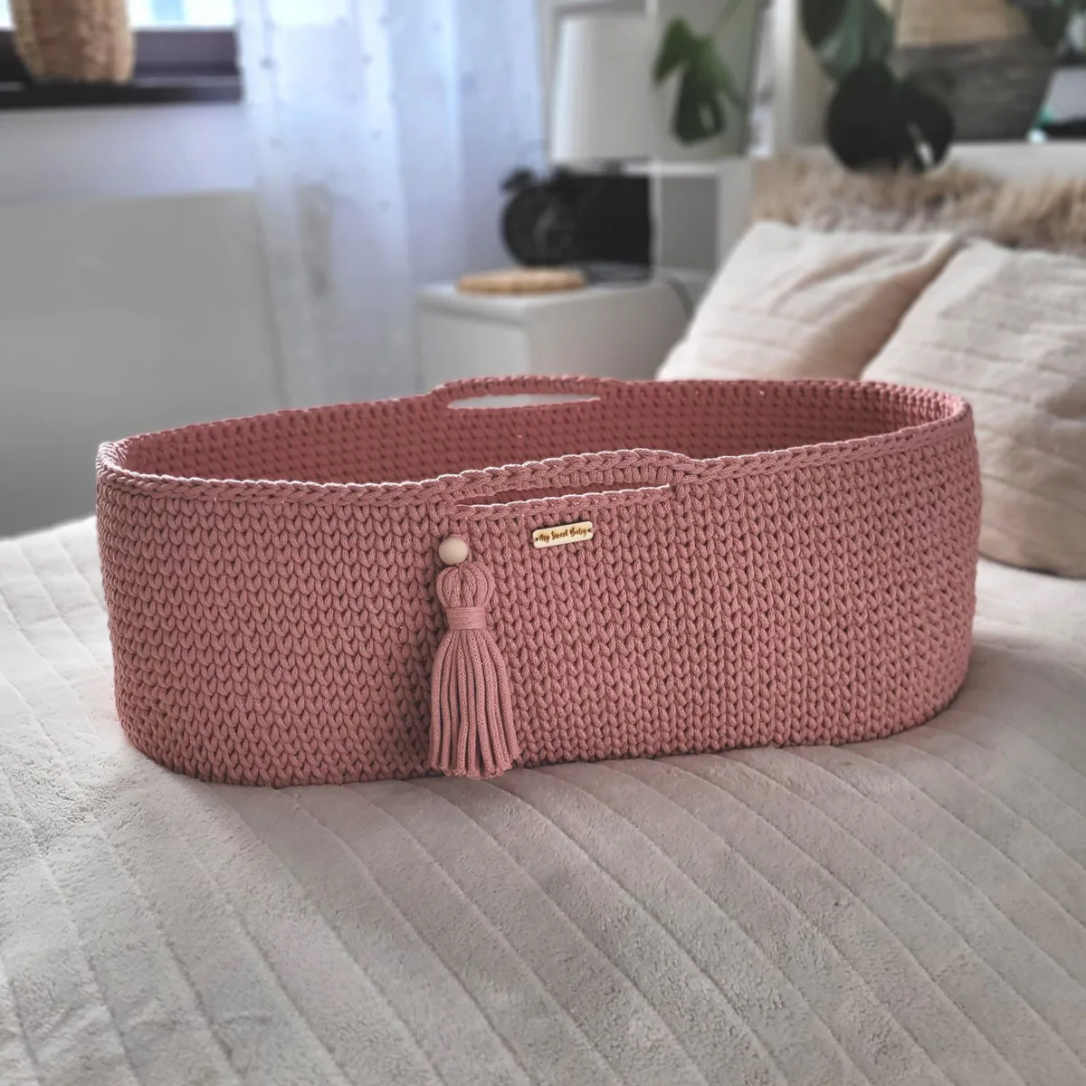 Mozės krepšelis „BOHO“, rankų darbo, medvilninis, su čiužiniu, spalvos: geltona ir kitos