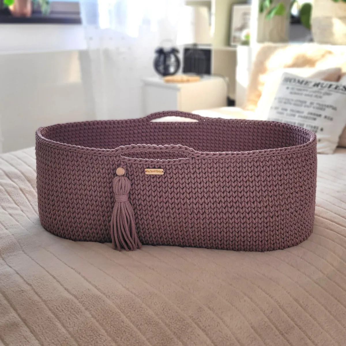 Mozės krepšelis „BOHO“, rankų darbo, medvilninis, su čiužiniu, spalvos: geltona ir kitos
