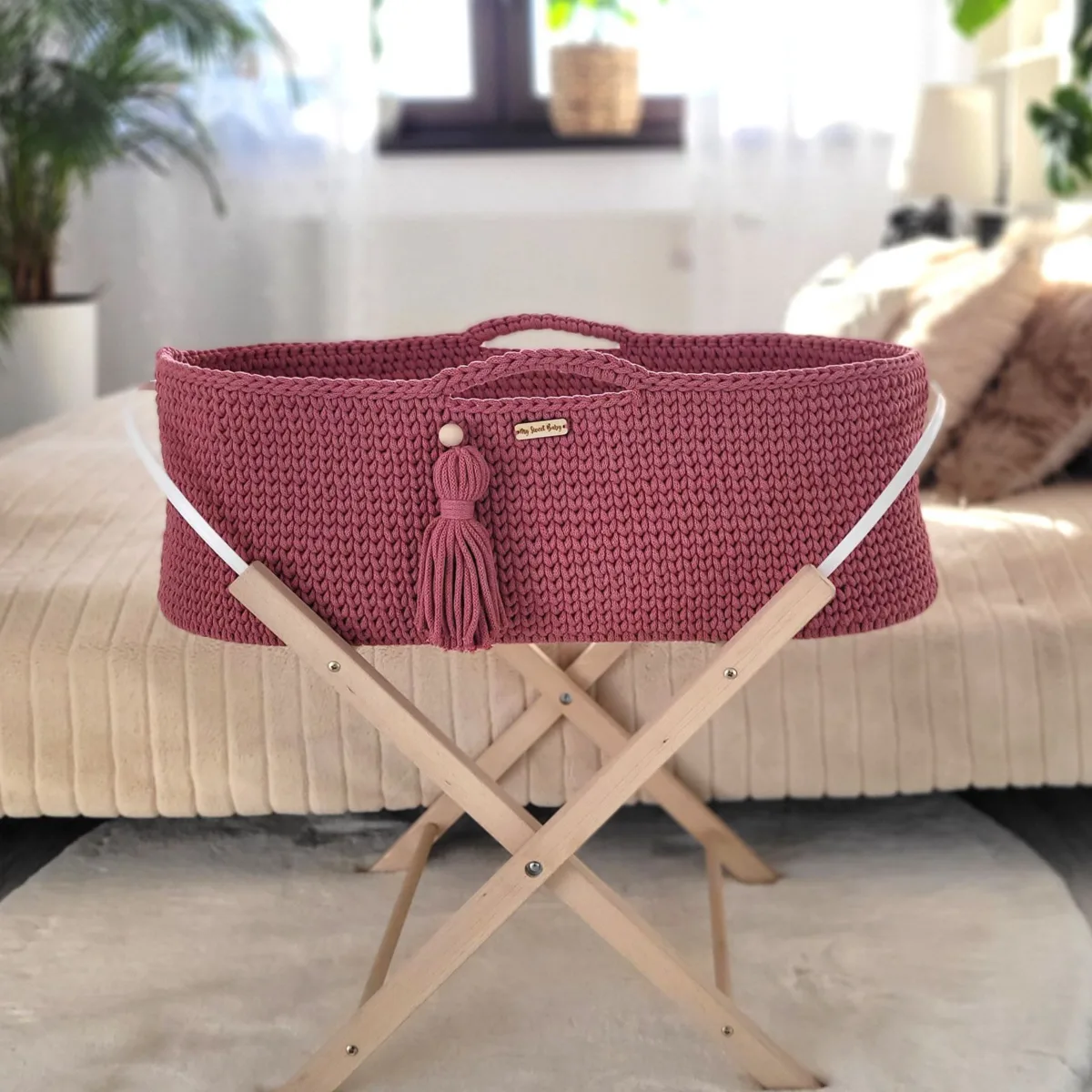 Mozės krepšelis „BOHO“, rankų darbo, su stovu, žiedai