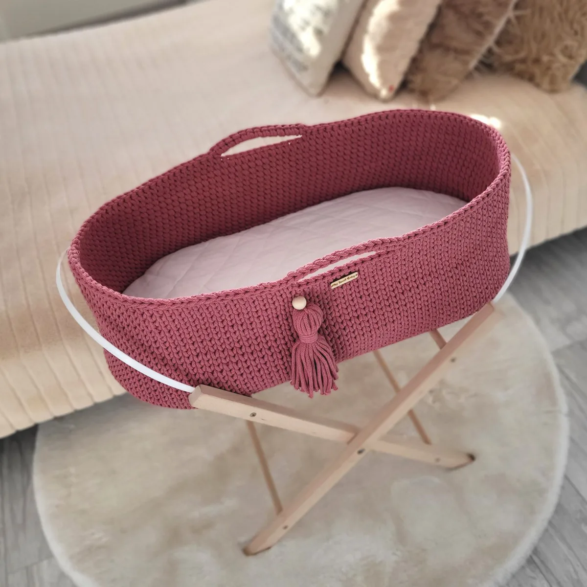 Mozės krepšelis „BOHO“, rankų darbo, su stovu, žiedai