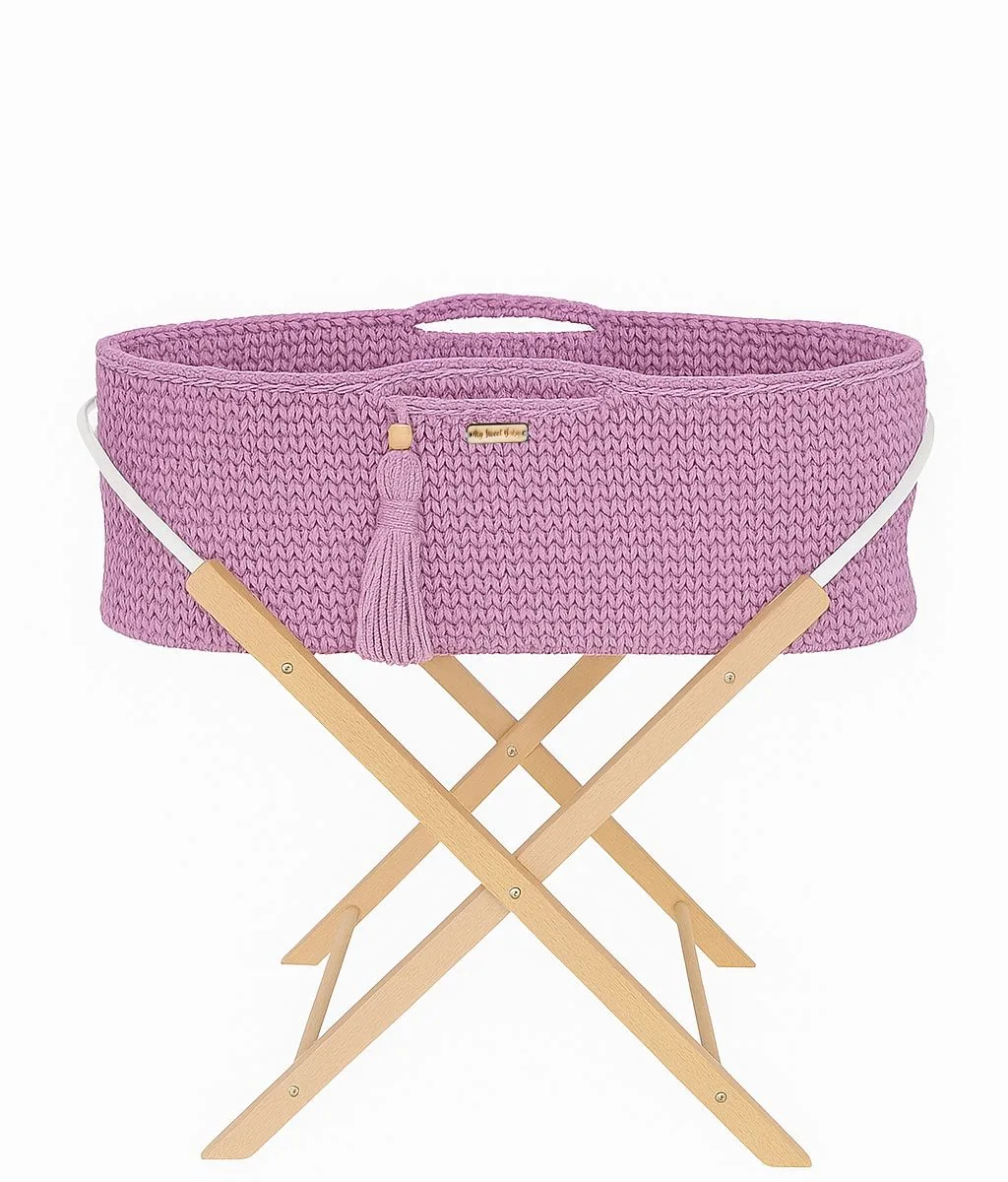 Mozės krepšelis „BOHO“, rankų darbo, su stovu, spalvos: smėlio, violetinė ir žalia