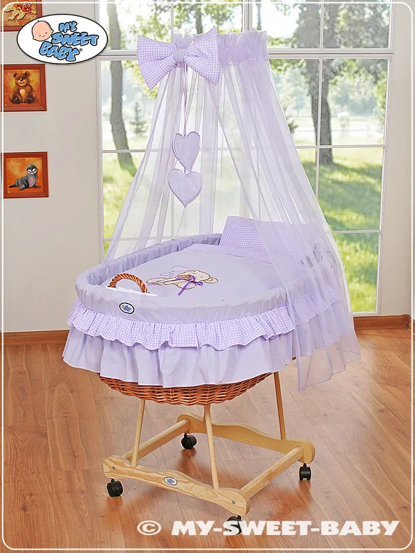 Pintas Mozės krepšelis su baldakimu „Bear with bow“, spalvos: smėlio ir violetinė