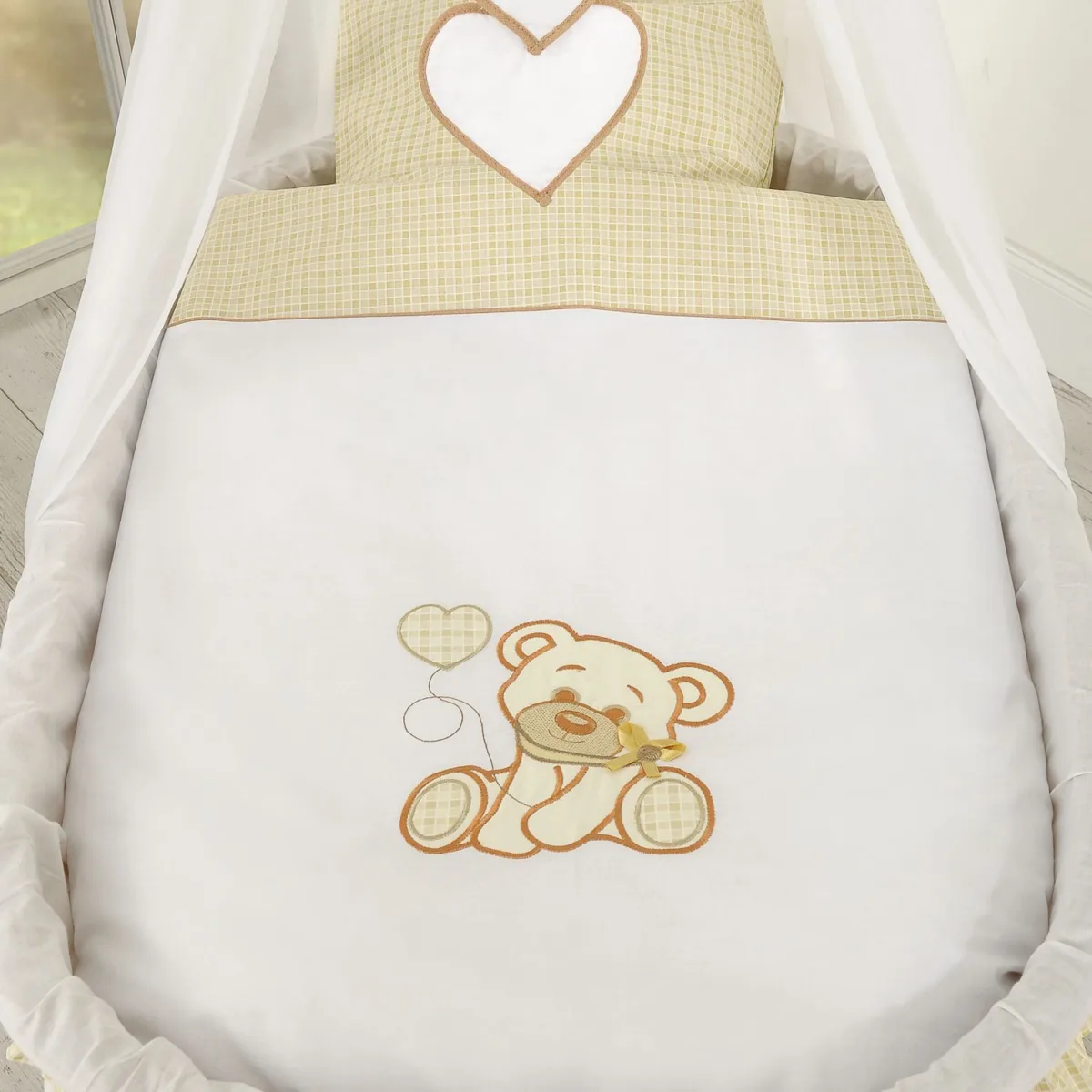 Pintas Mozės krepšelis su baldakimu „Bear with bow“, spalvos: smėlio ir violetinė