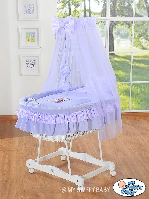 Pintas Mozės krepšelis su baldakimu „Bear with bow“, spalvos: smėlio ir violetinė