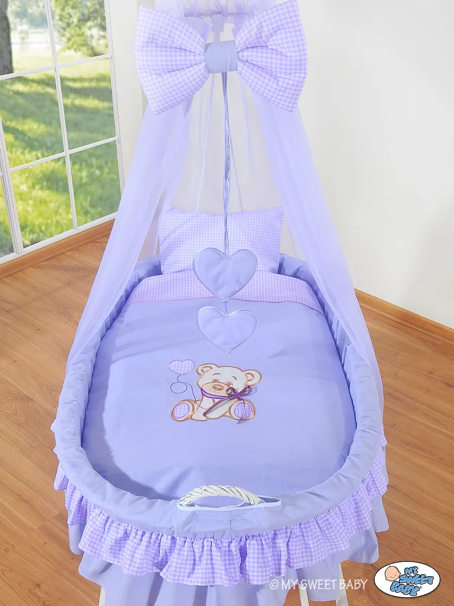 Pintas Mozės krepšelis su baldakimu „Bear with bow“, spalvos: smėlio ir violetinė