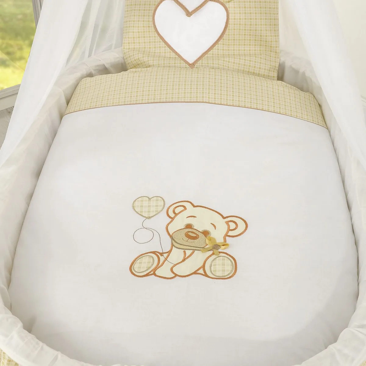 Pintas Mozės krepšelis su baldakimu „Bear with bow“, spalvos: balta, mėlyna ir rožinė