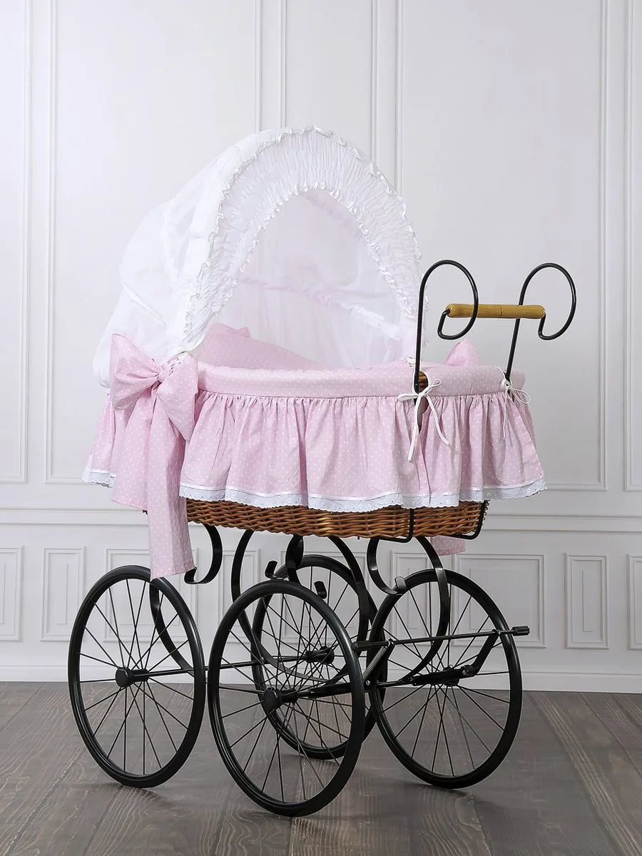 Pintas Mozės krepšelis su gaubtu, retro stiliaus „Christine“, natūrali spalva, rožinė patalynė