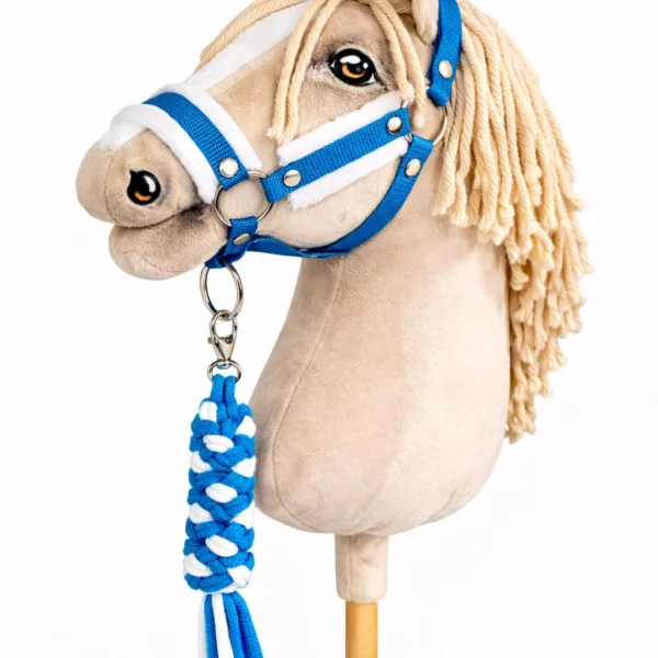 Rinkinys „Hobby Horse“ žirgui: apynasris A3 su baltu kailiuku ir virvinis pavadis, spalvos: mėlyna ir oranžinė