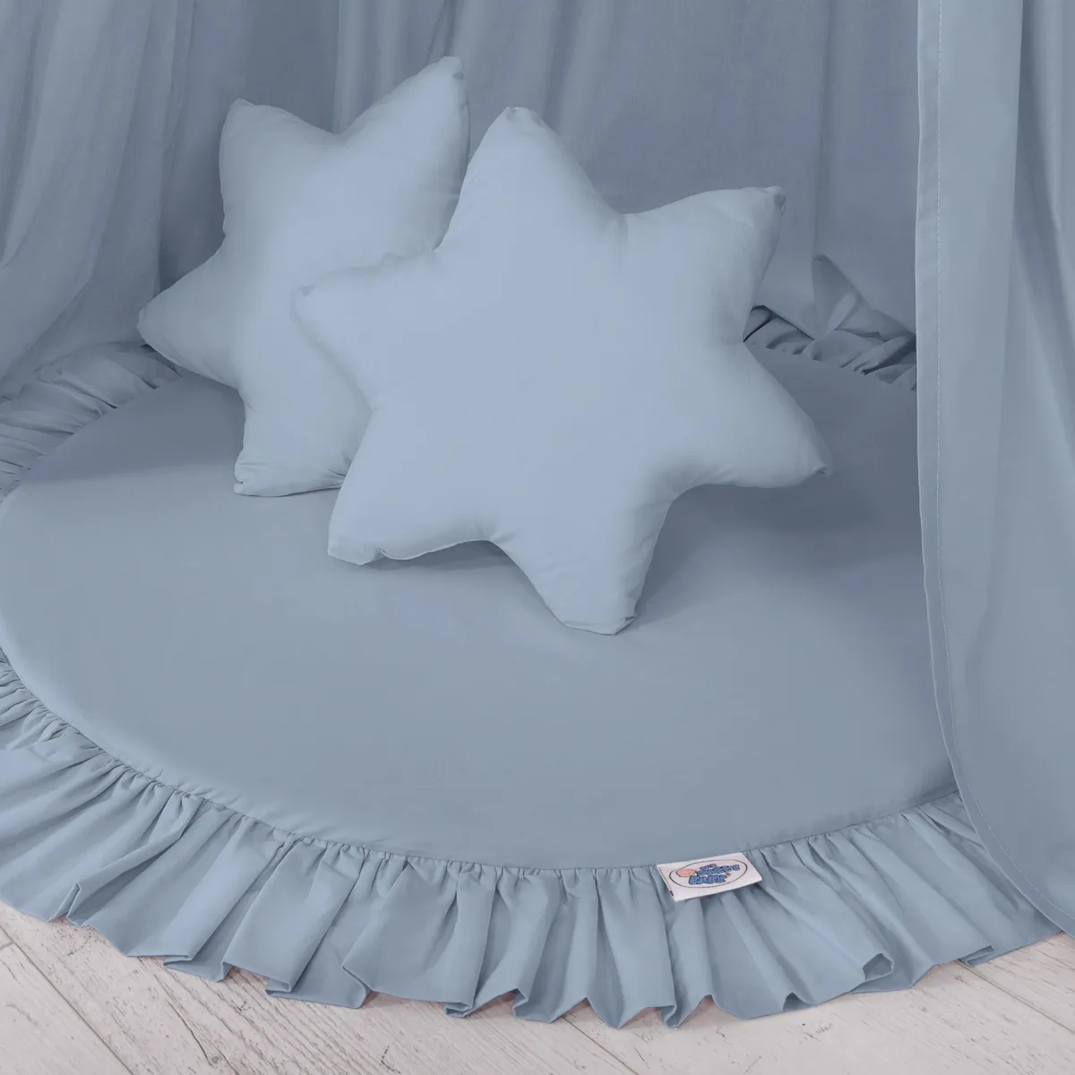 Rinkinys: kabinamas medvilninis baldakimas vaikų kambariui ir žaidimų kilimėlis ant grindų, spalvos: geltona, mėlyna ir pilka