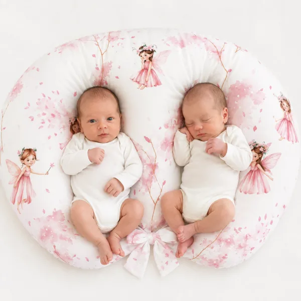 Maitinimo pagalvė dvynukams „Croissant“ su nuimamu užvalkalu, laisvos rankos maitinant, įvairių spalvų - „Blossom Fairies“